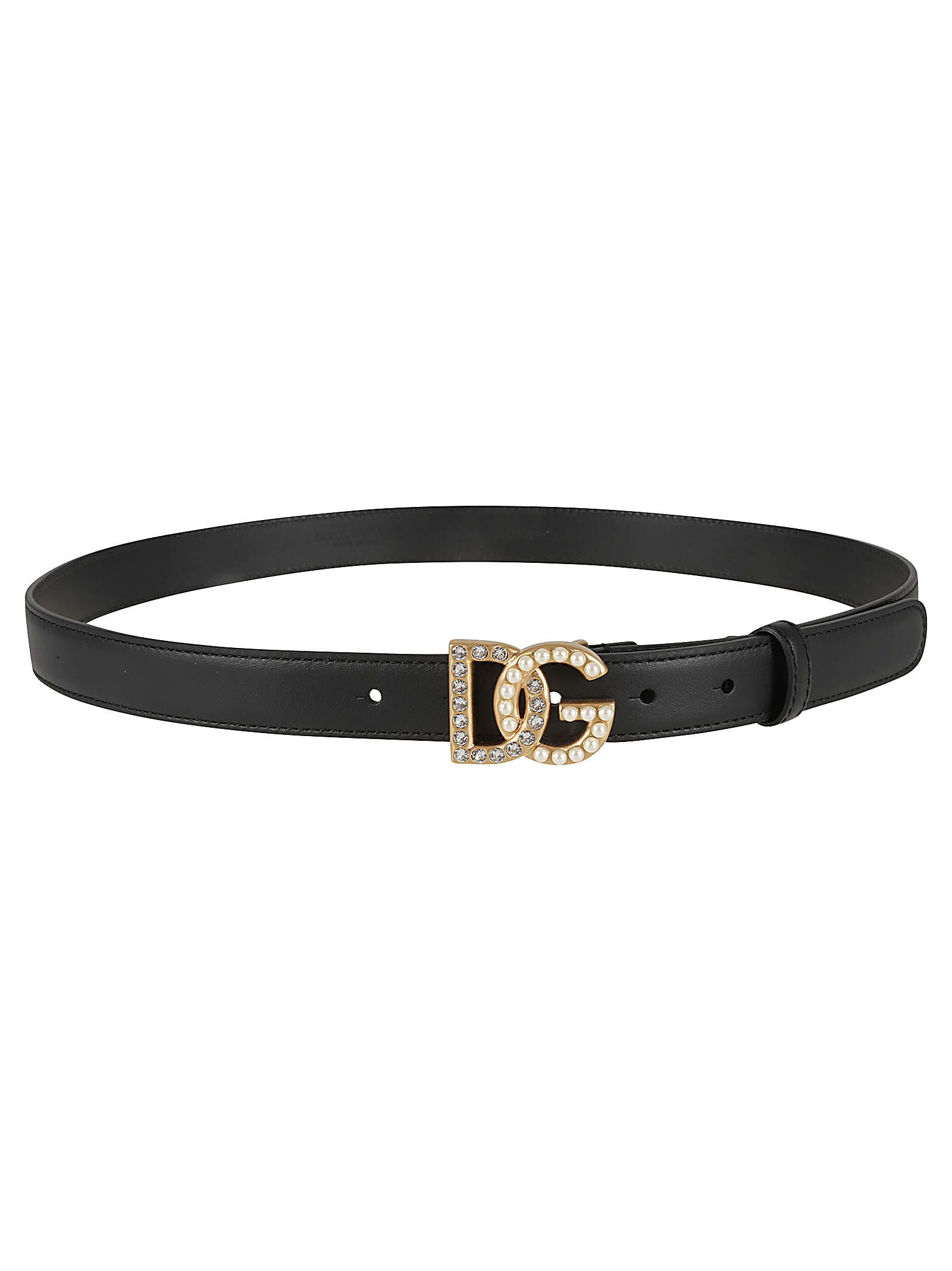 Dolce & Gabbana Black Belt With Dg Logo Buckle With Pearls And Rhinestones In Smooth Leather Woman In Black/multicolor
