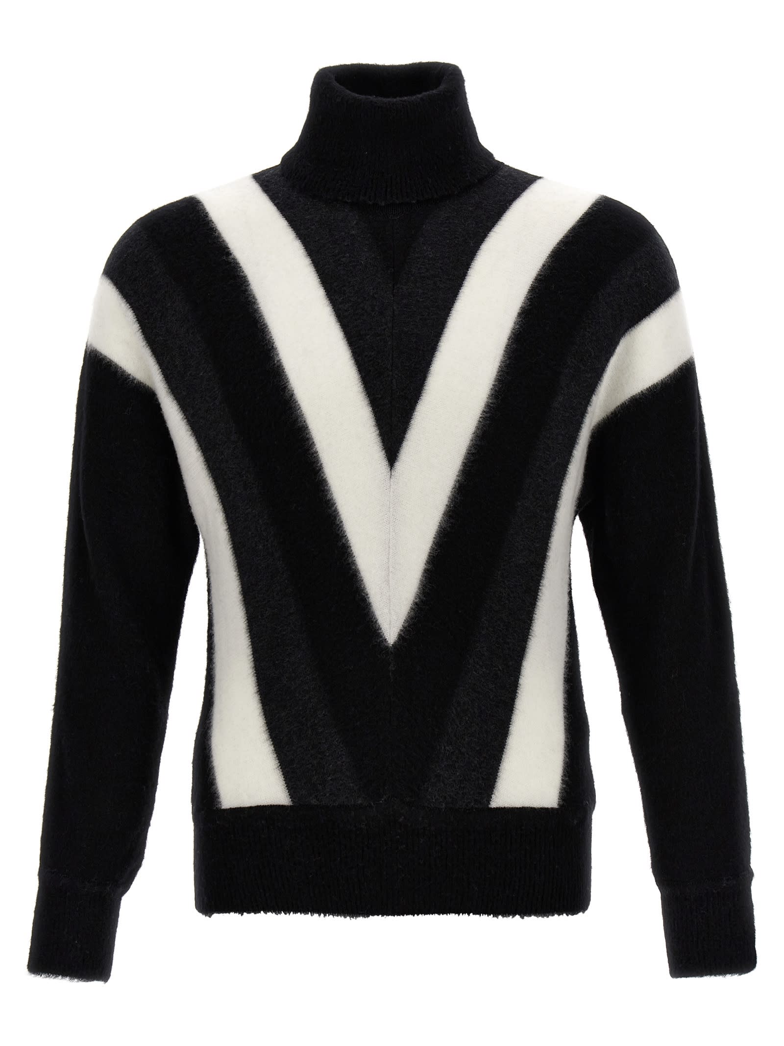 Saint Laurent Turtleneck Geometric Pattern Sweater In White/black