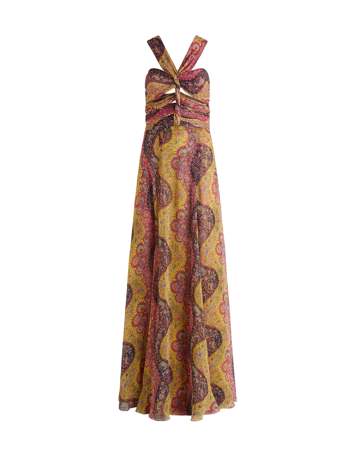Etro Long Yellow Tulle Dress With Micro Paisley