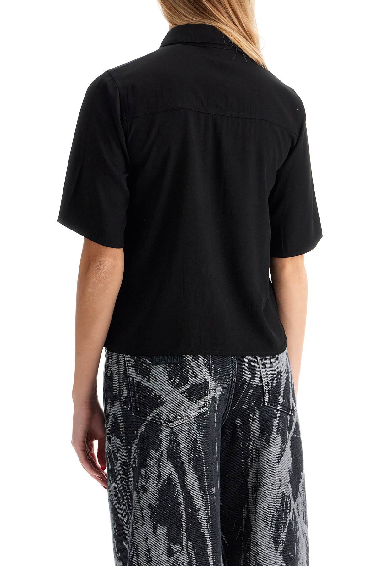 Ganni Short-sleeved Twill Blouse For In Black (black)
