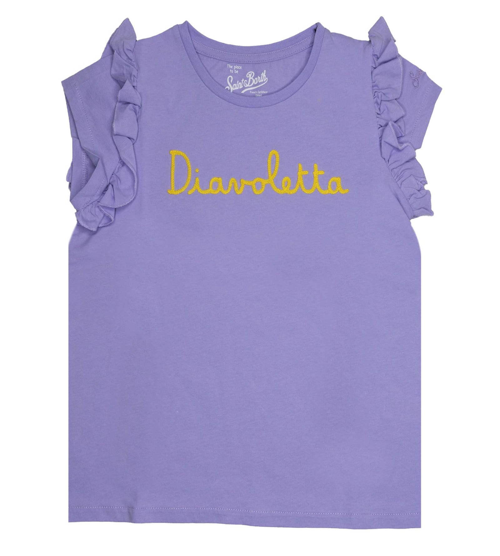 MC2 Saint Barth Purple T Shirt For Girl With Writting Green Diavoletta