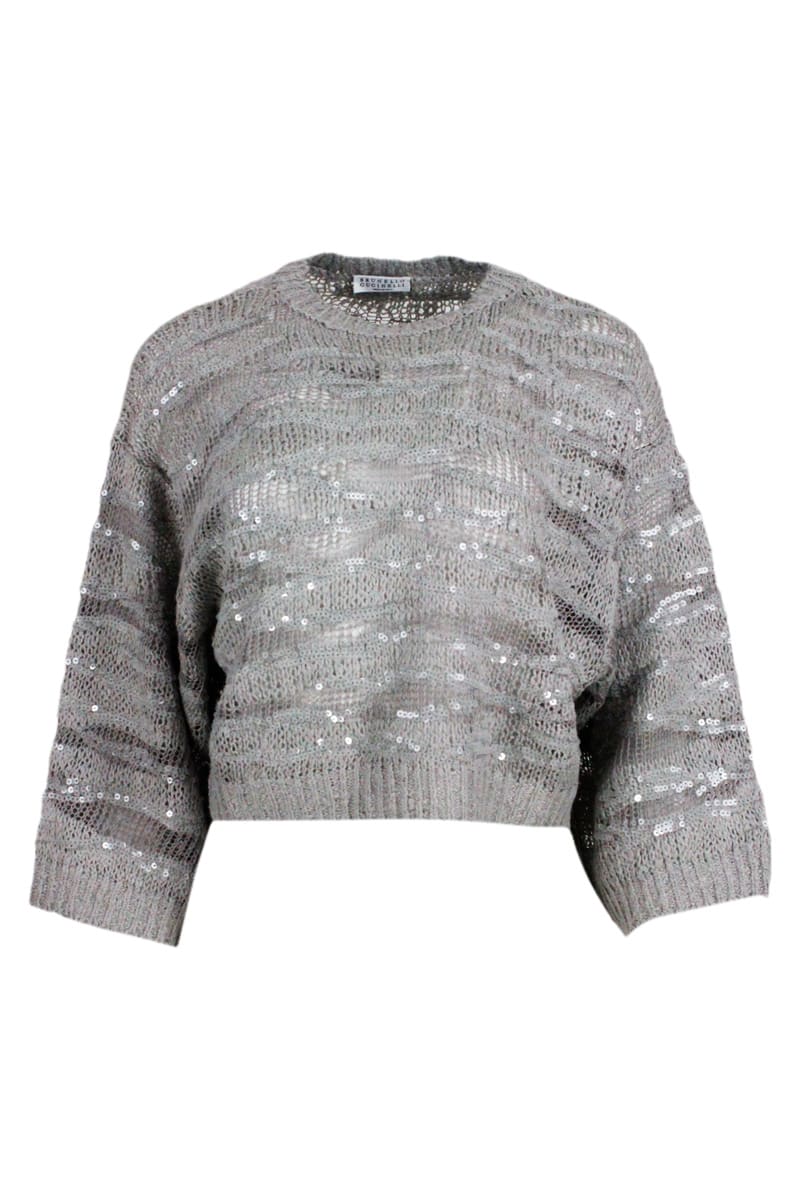 Shop Brunello Cucinelli Animal Print Sweater In Silk, Linen And Hemp. In Grey