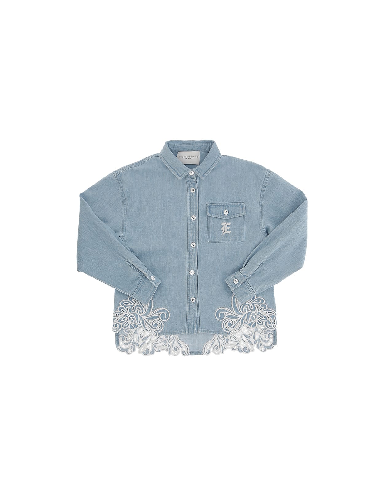 Shop Ermanno Scervino Junior Denim Shirt With Embroidery In Blue