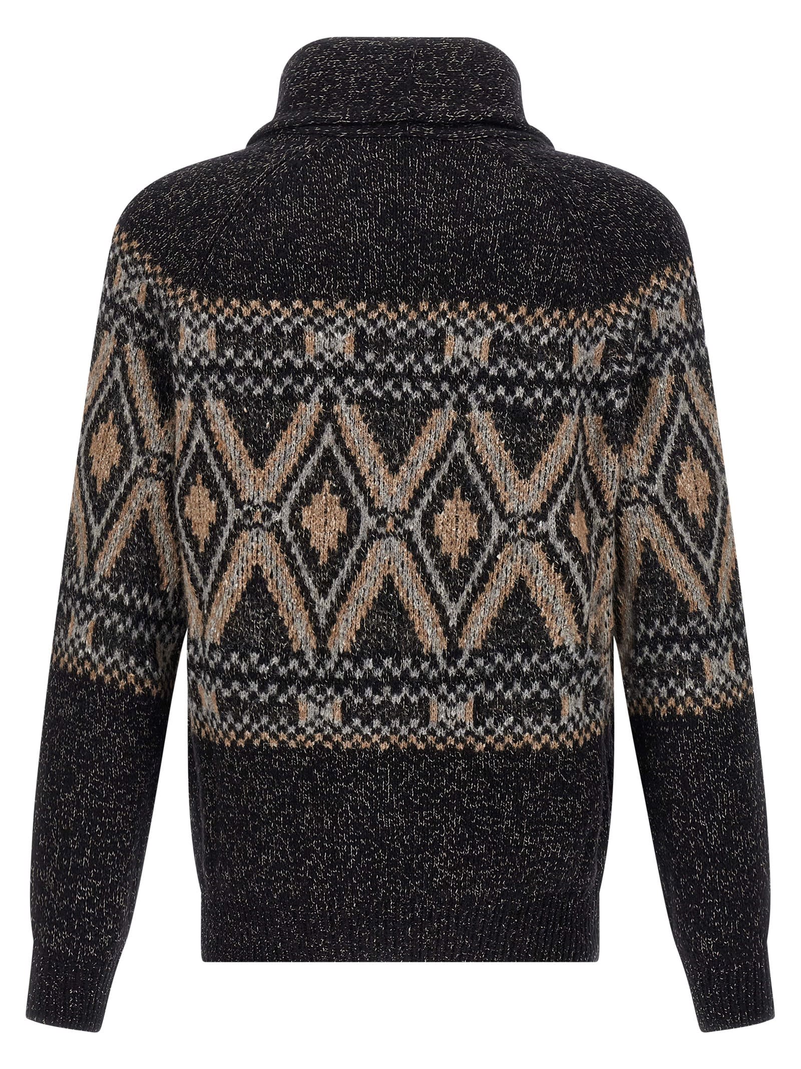 Brunello Cucinelli Geometric Jacquard Cardigan Sweaters And Cardigans Multicolor In Black