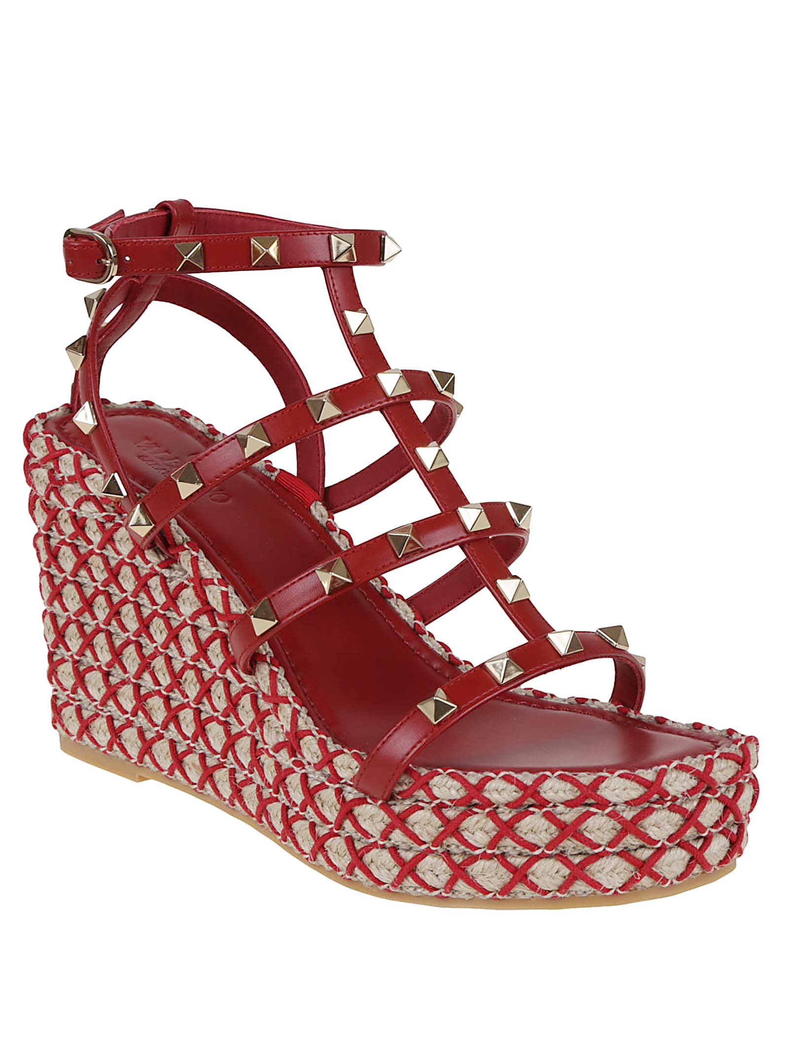 Valentino 95mm Studded Cage Heeled Espadrilles In Red