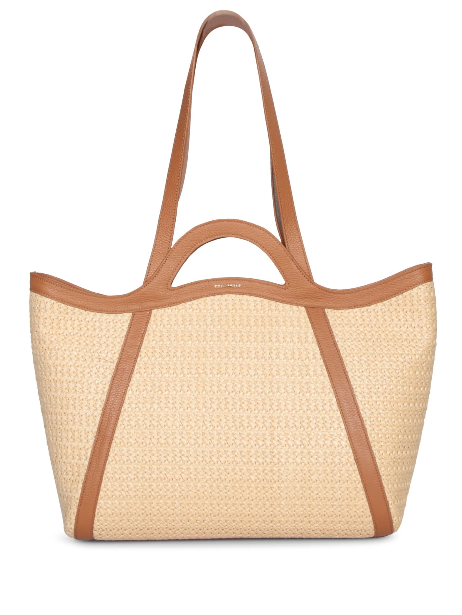 Shop Coccinelle Amalia Tote Bag In Nude Raffia And Leather