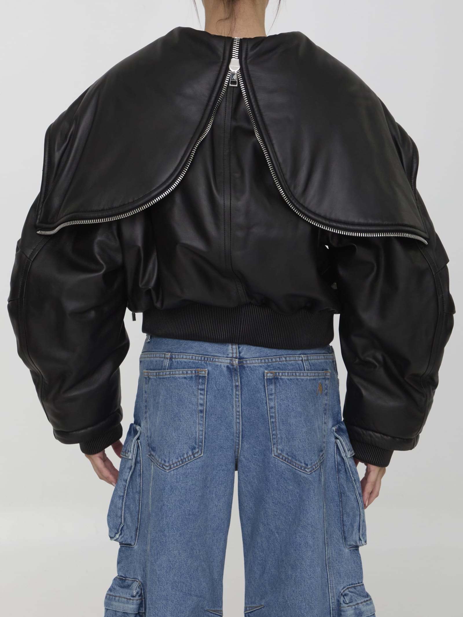 Shop Attico Leather Bomber Jacket In Black