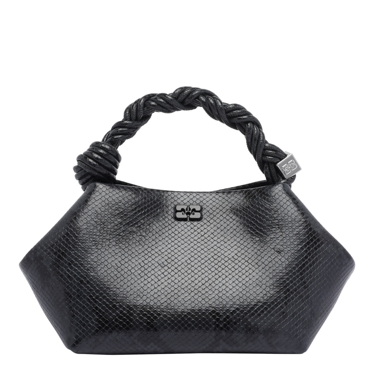 Ganni Bou Black Handbag With Butterfly Logo And Hand-braided Strands In Leather Woman In Black