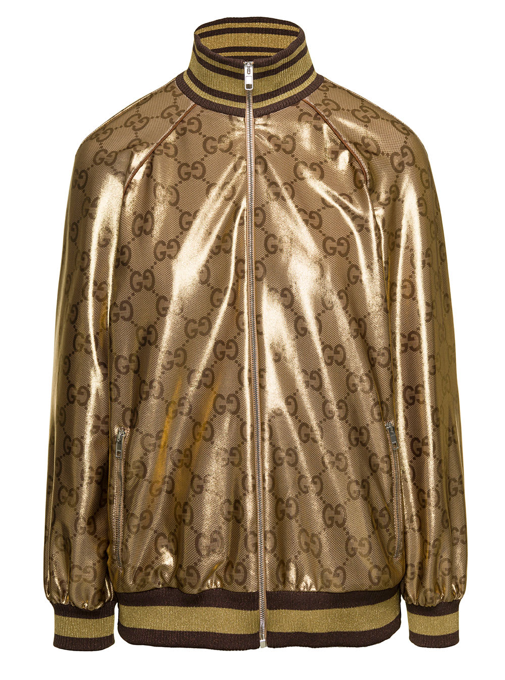 GUCCI GOLD-COLORED BOMBER JACKET WITH MAXI GG PRINT IN SPARKLING STRETCH JERSEY WOMAN