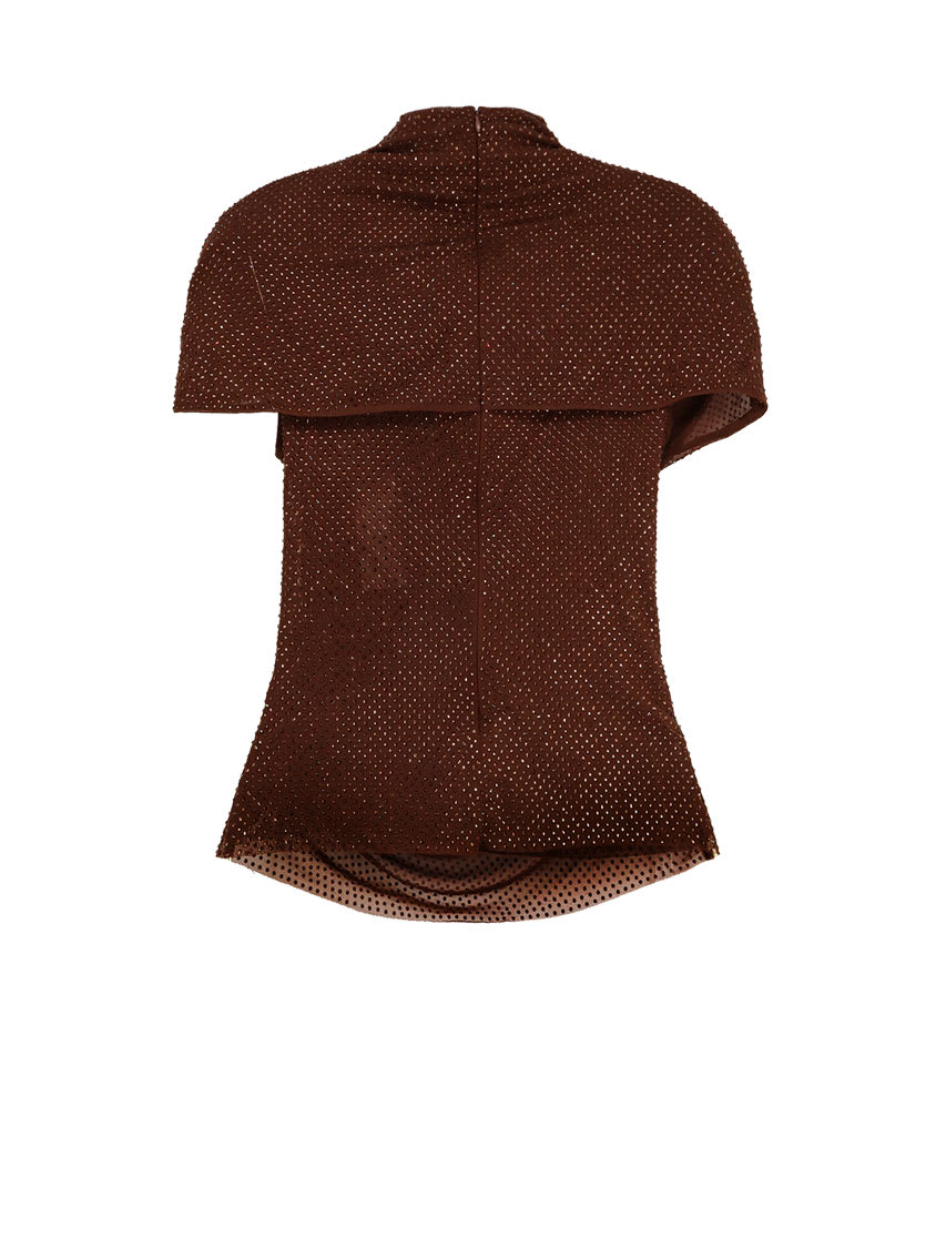 Self-portrait Crystal-embellished Draped Mesh Top In Brown