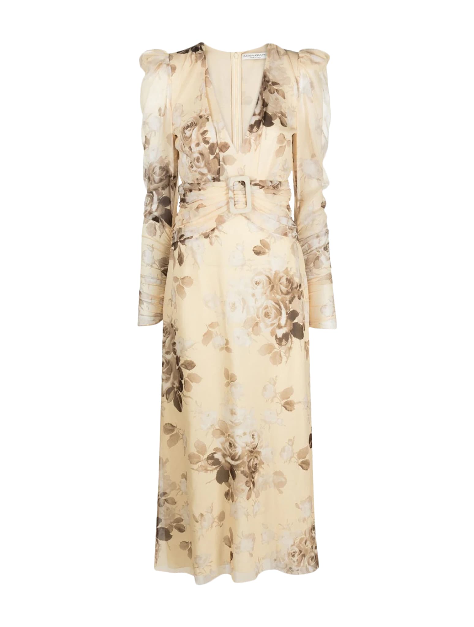 Alessandra Rich Floral-print Belted Silk Dress In Cream