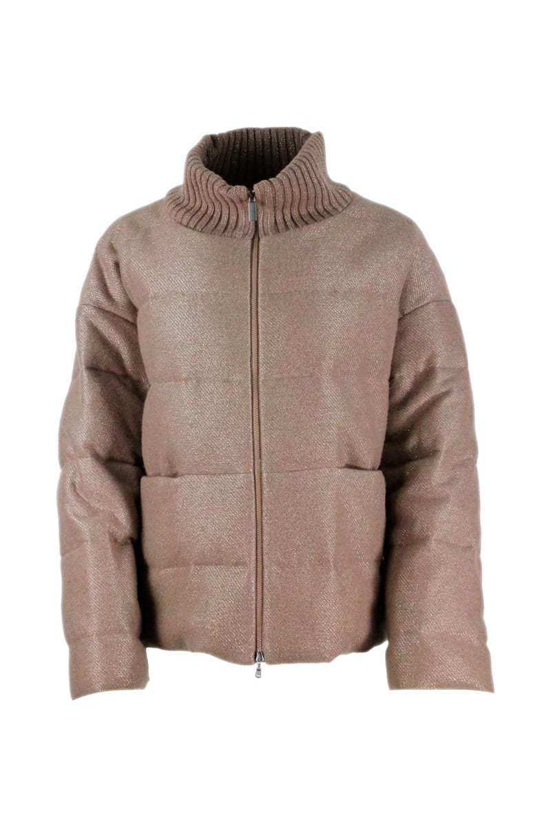 Fabiana Filippi Short Oversized Down Jacket In Wool Blend With Shiny Effect With High Collar And Concealed Pockets