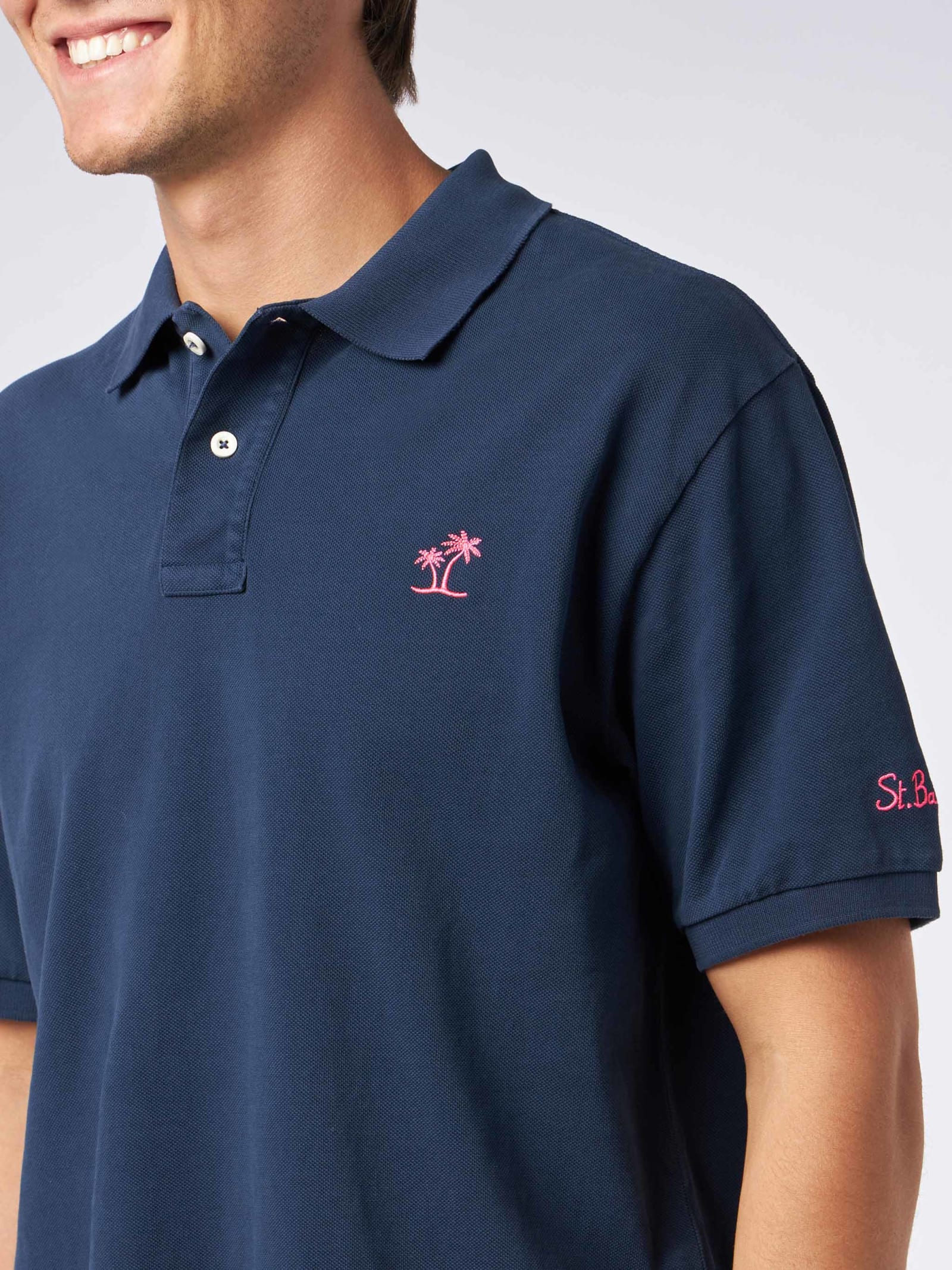 Mc2 Saint Barth Man Blue Piquet Polo With St. Barth Logo And Vintage Effect In Blue