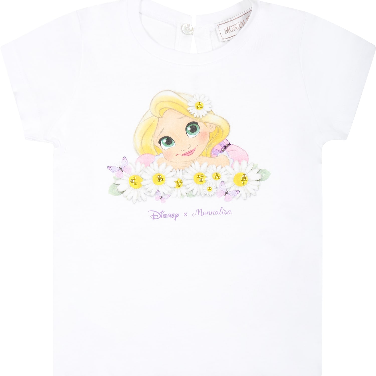 Monnalisa White T-shirt For Baby Girl With Rapunzel Print And Logo