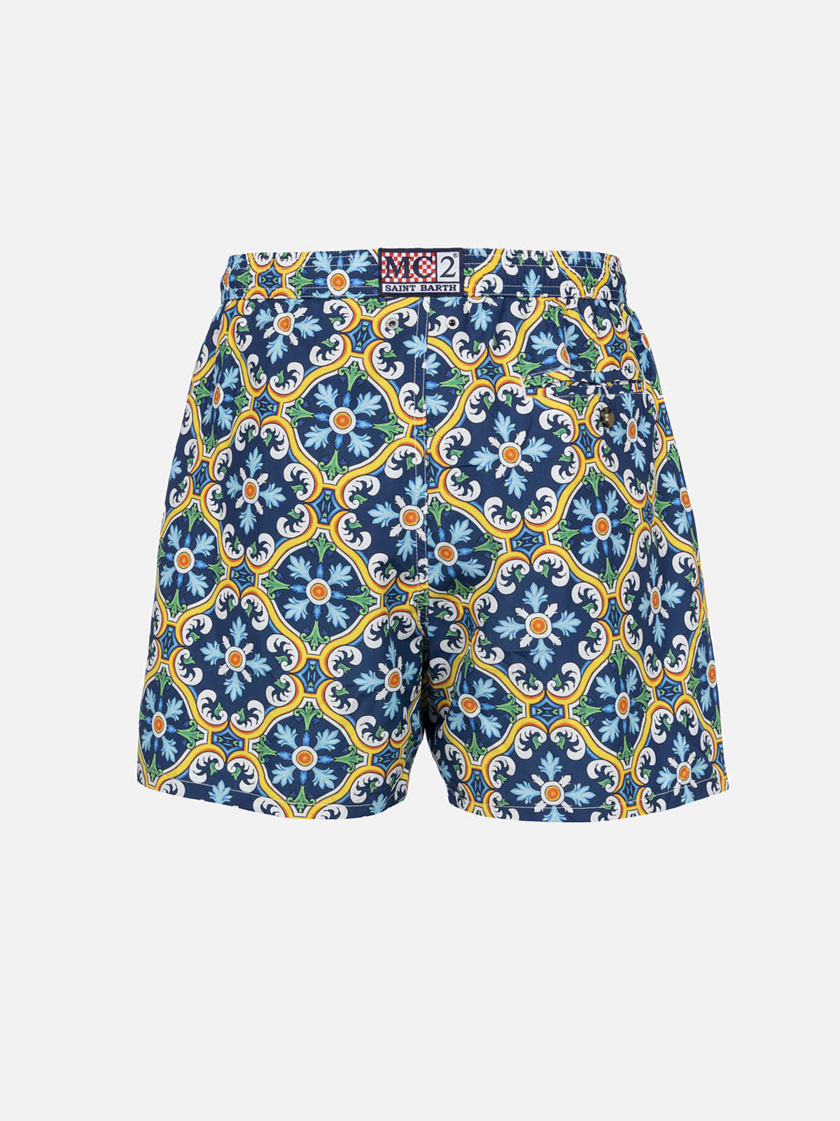 Mc2 Saint Barth Man Lightweight Fabric Swim-shorts Lighting 70 With Majolica Print In Blue