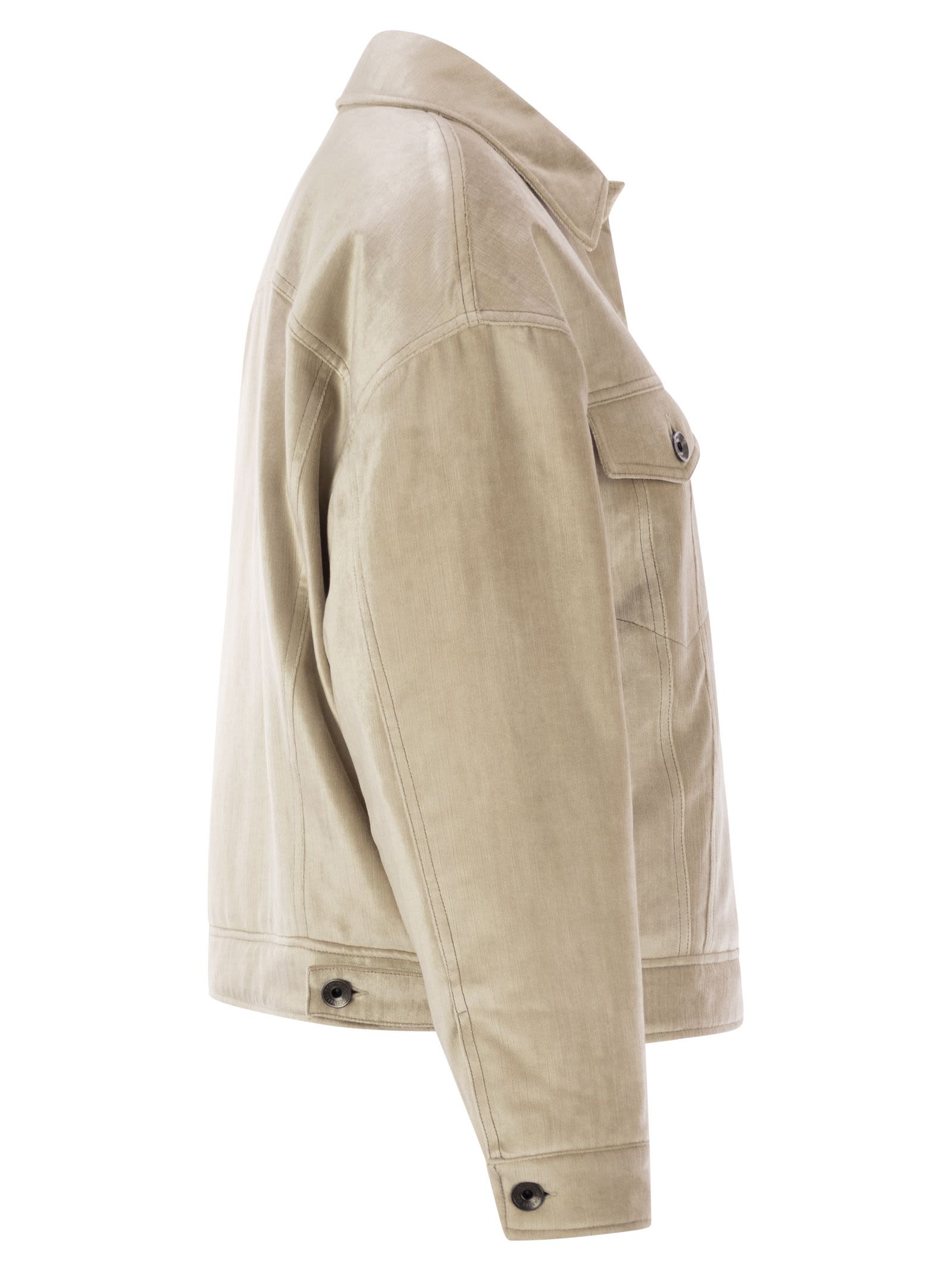 Shop Brunello Cucinelli Four-pocket Jacket In Cotton And Viscose Velvet Sleek With Thermore® Padding And Shiny Tab In Light Beige