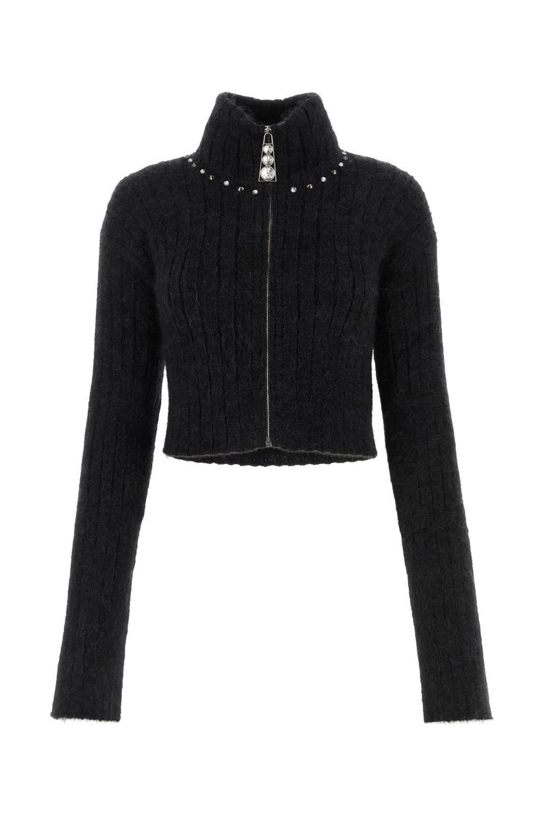 Shop Alessandra Rich Zip-up Rib-knit Cardigan In Black