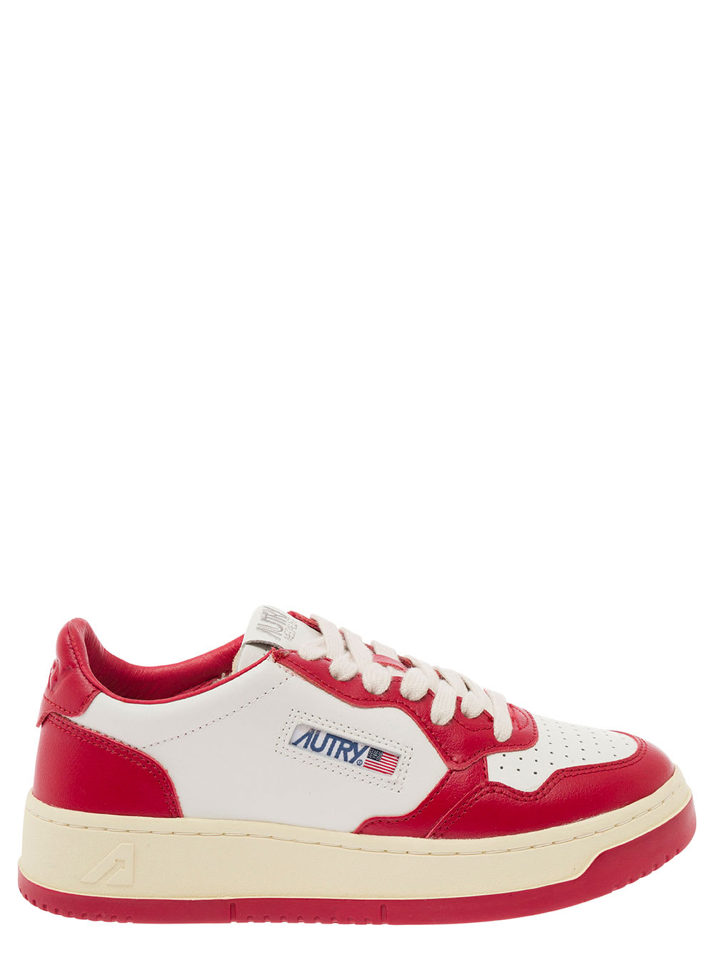 Autry Medalist White And Red Low Top Sneakers With Logo Patch In Leather Woman