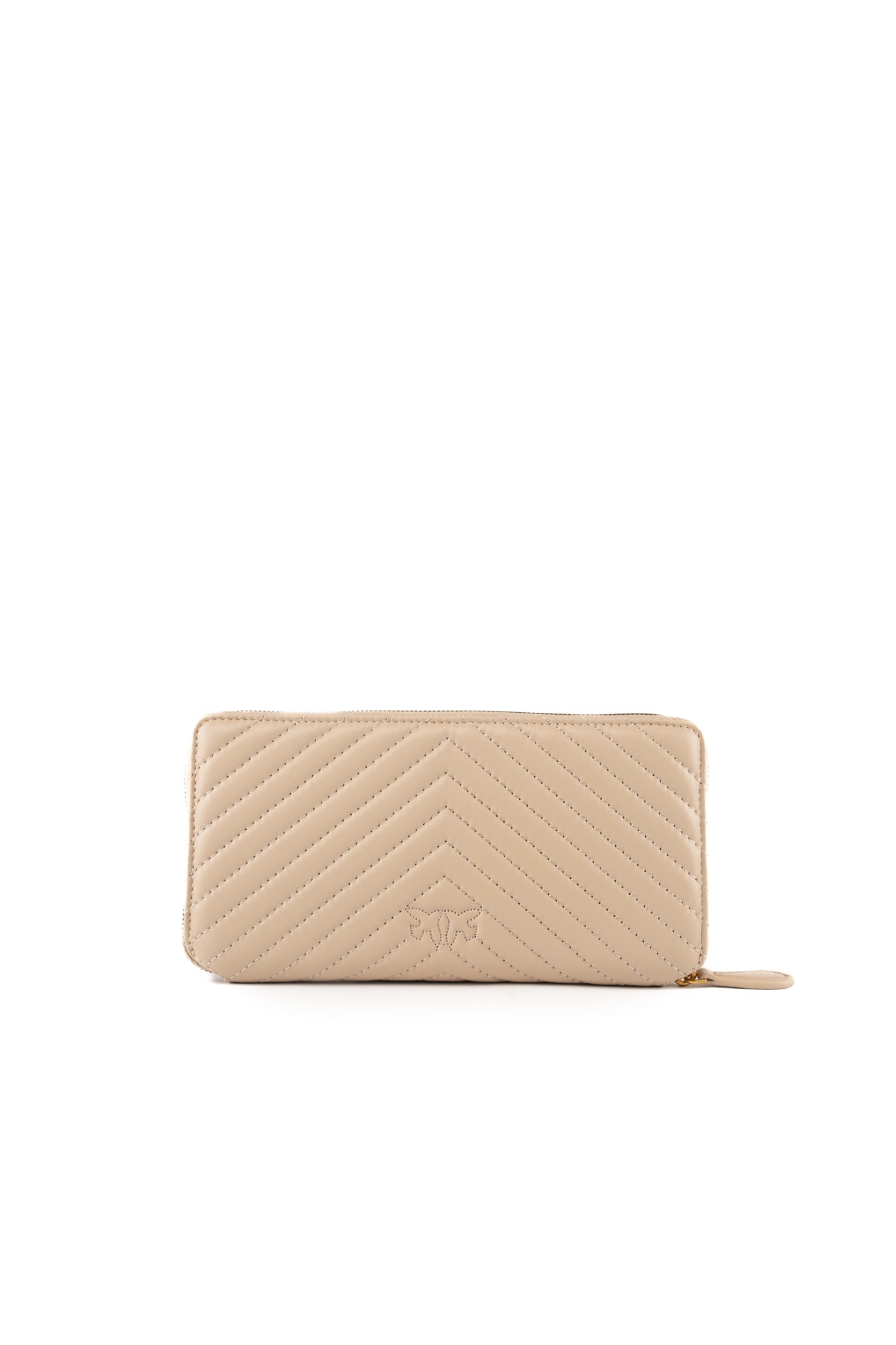 Shop Pinko Ryder Zip Wallet In Chevron Nappa In Beige-grigio