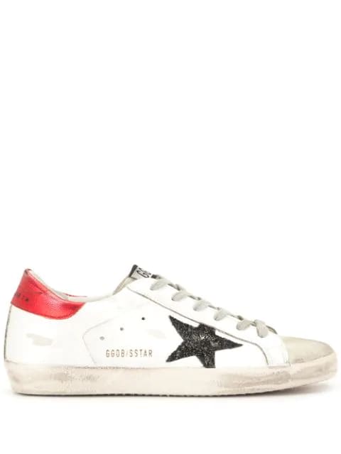 Golden Goose Woman White Super-star Sneakers With Red Spoiler And Black Glitter Star