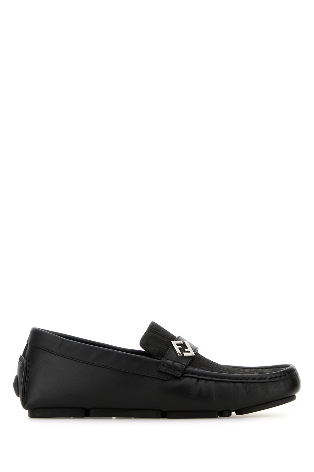 Fendi Round Toe Textured Leather Loafers In Black