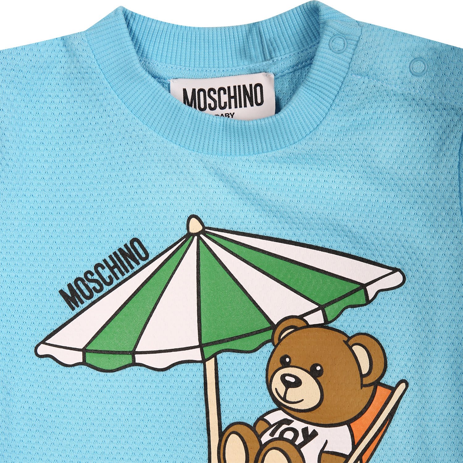 Shop Moschino Light Blue Romper For Baby Boy With Teddy Bear