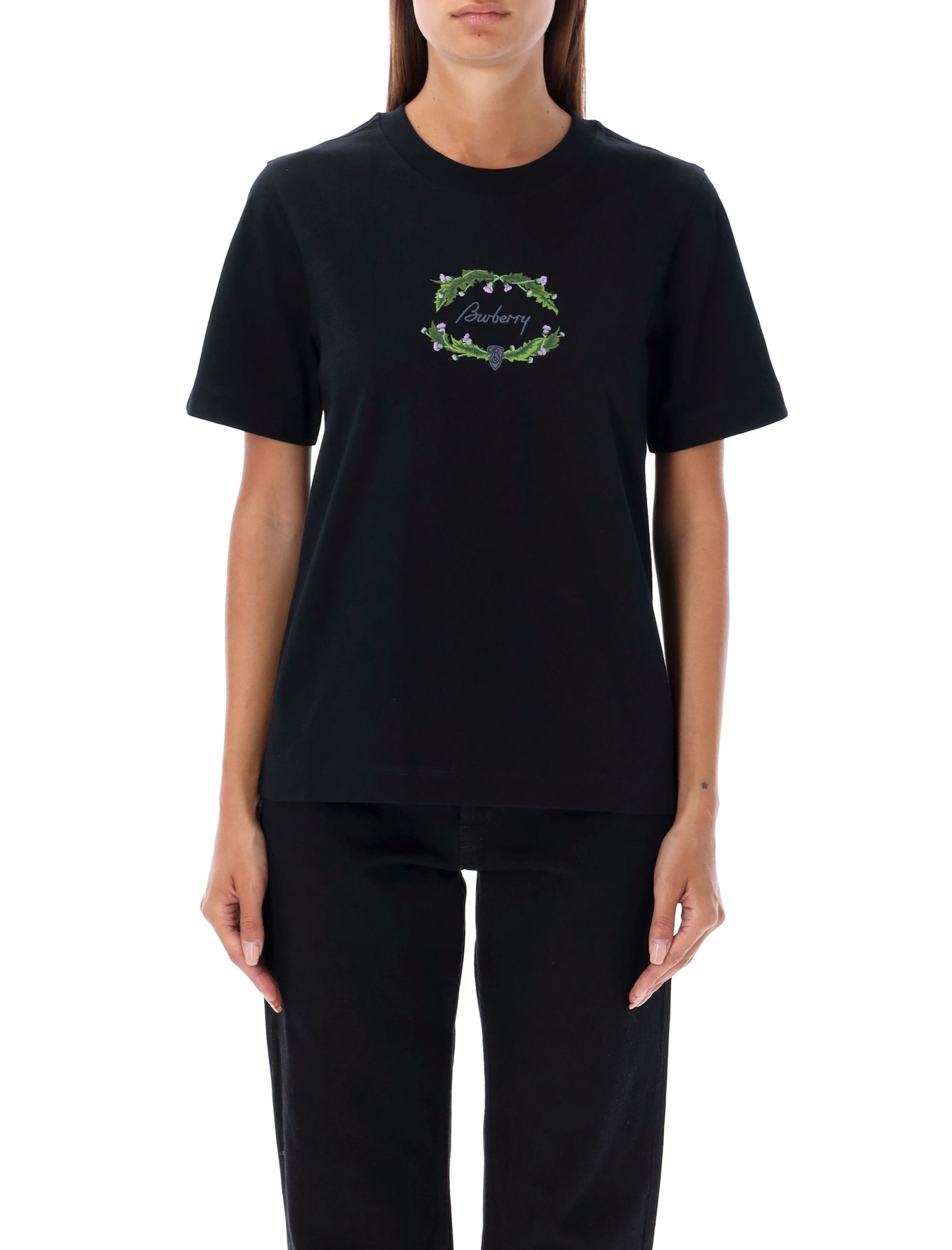 Shop Burberry Floral Embroidered Logo T-shirt In Coal