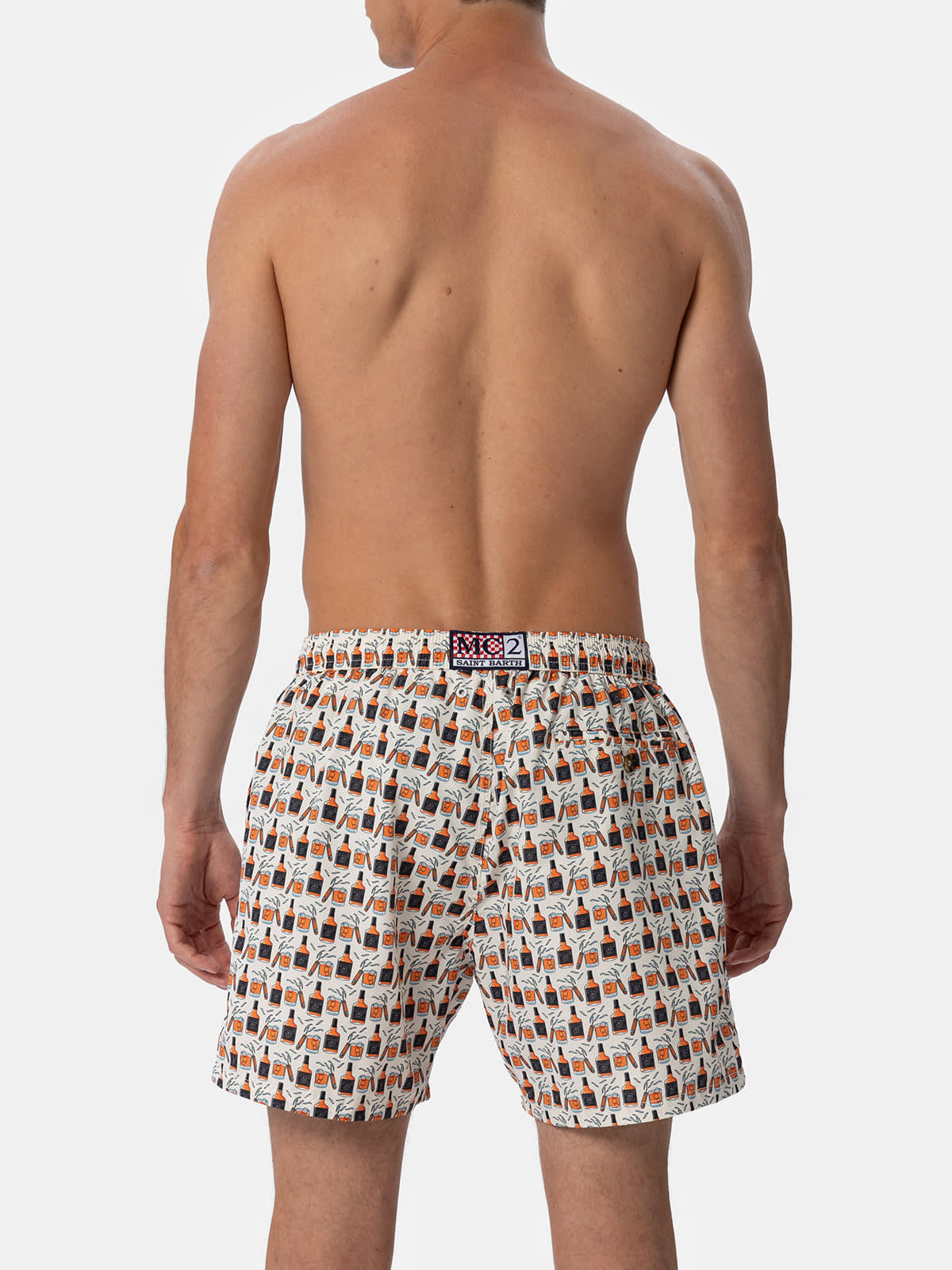 Mc2 Saint Barth Man Lightweight Fabric Swim-shorts Lighting Micro Fantasy With Whisky And Cigars Print In Brown