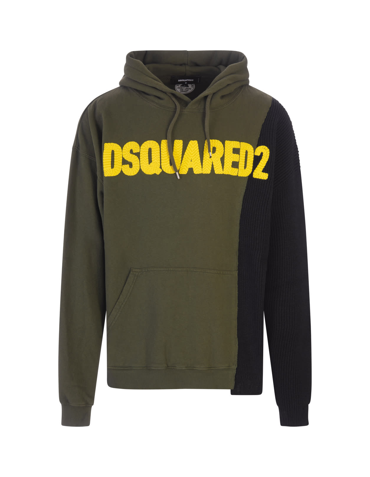 Dsquared2 Military Green Hoodie With Logo And Black Knitted Sleeve