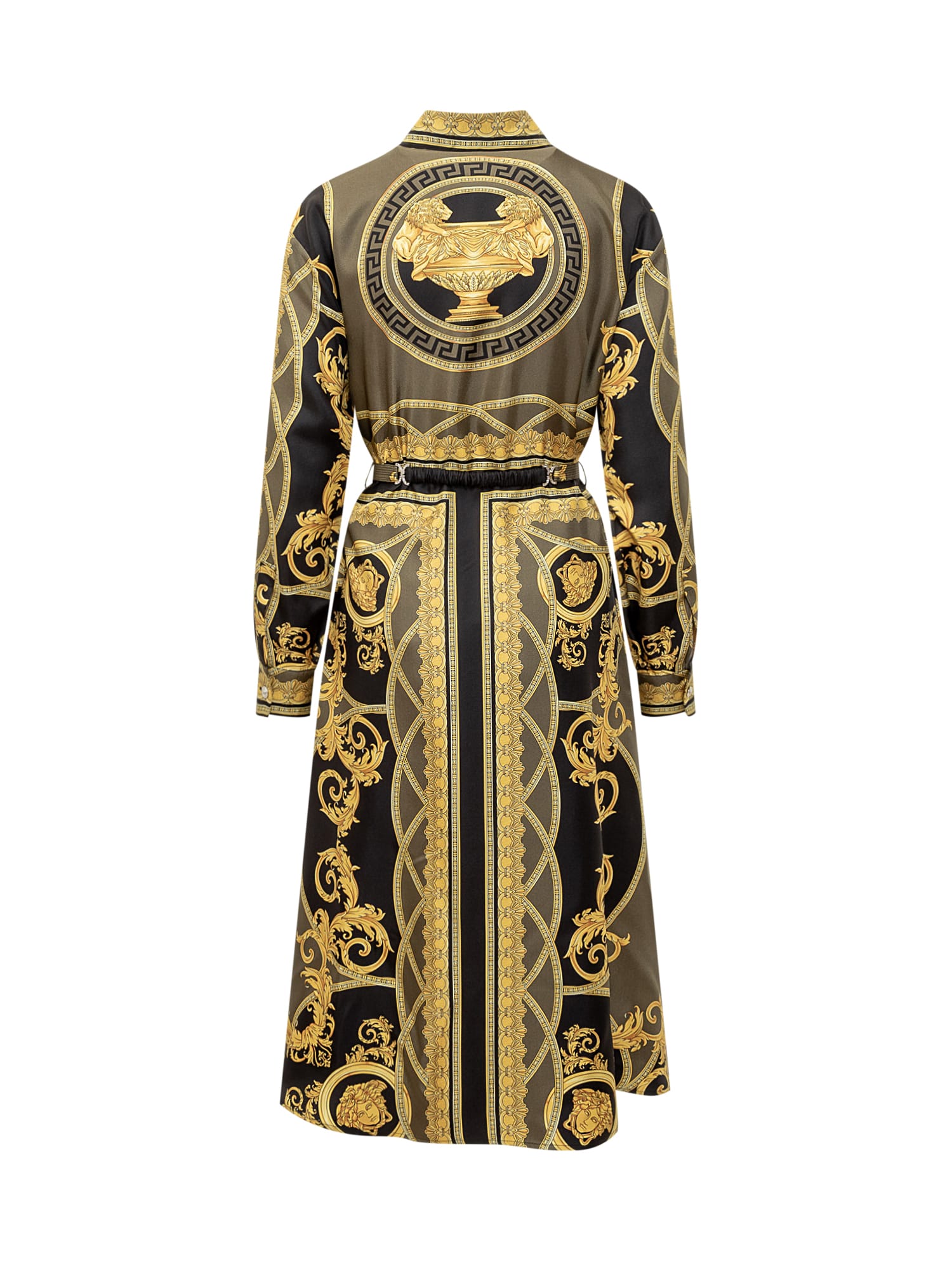 Shop Versace Barocco-printed Long-sleeved Midi Dress In Black-dark Olive-gold