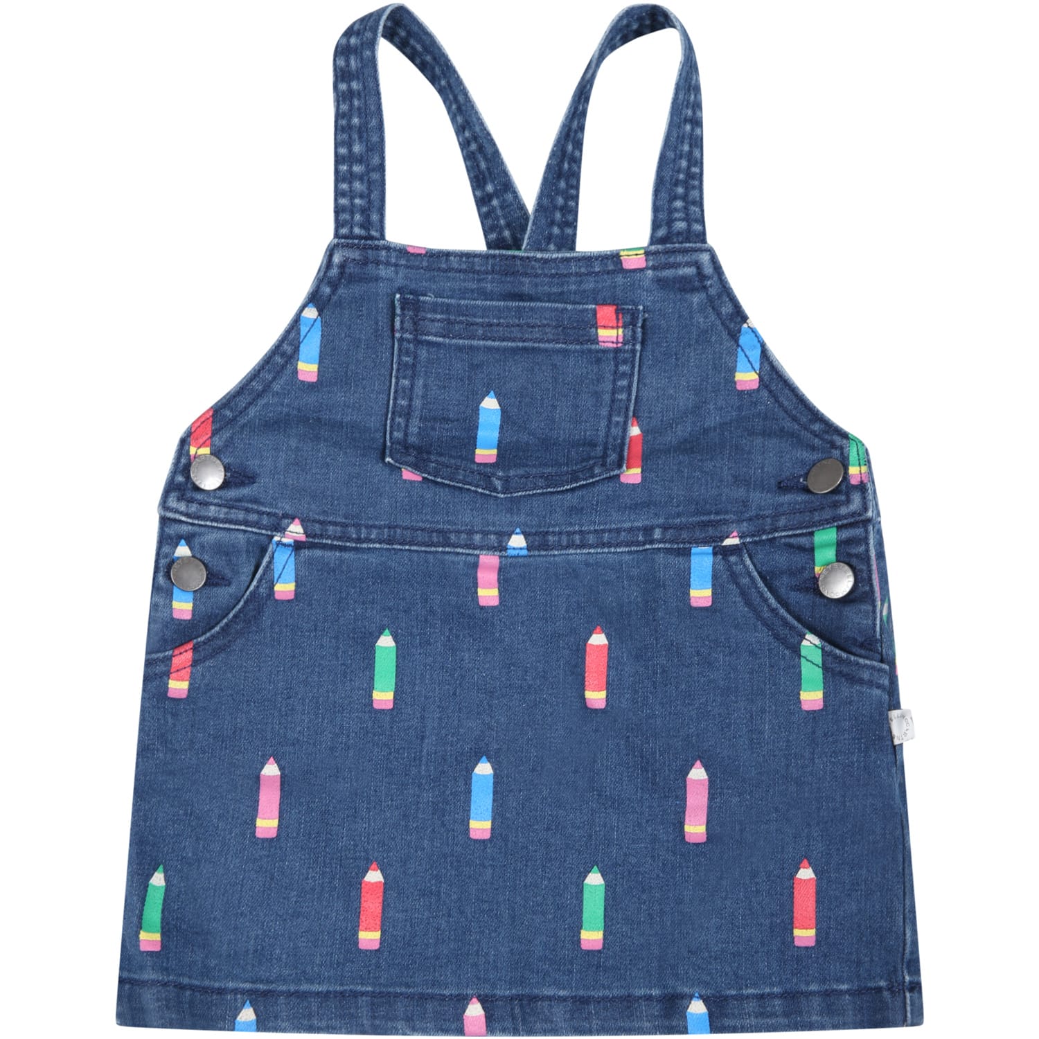 Stella McCartney Kids Blue Dungarees For Baby Girl With Colorful Pencils