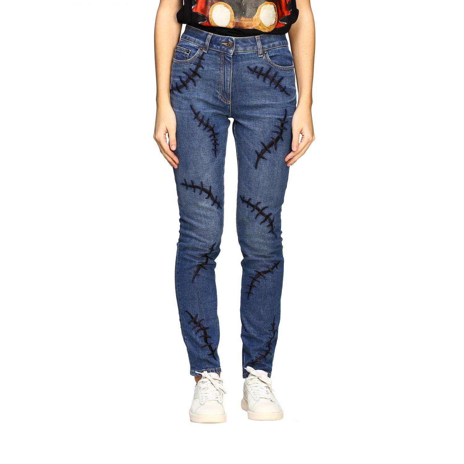 MOSCHINO COUTURE SLIM FIT JEANS WITH EMBROIDERED SCARS,11211161
