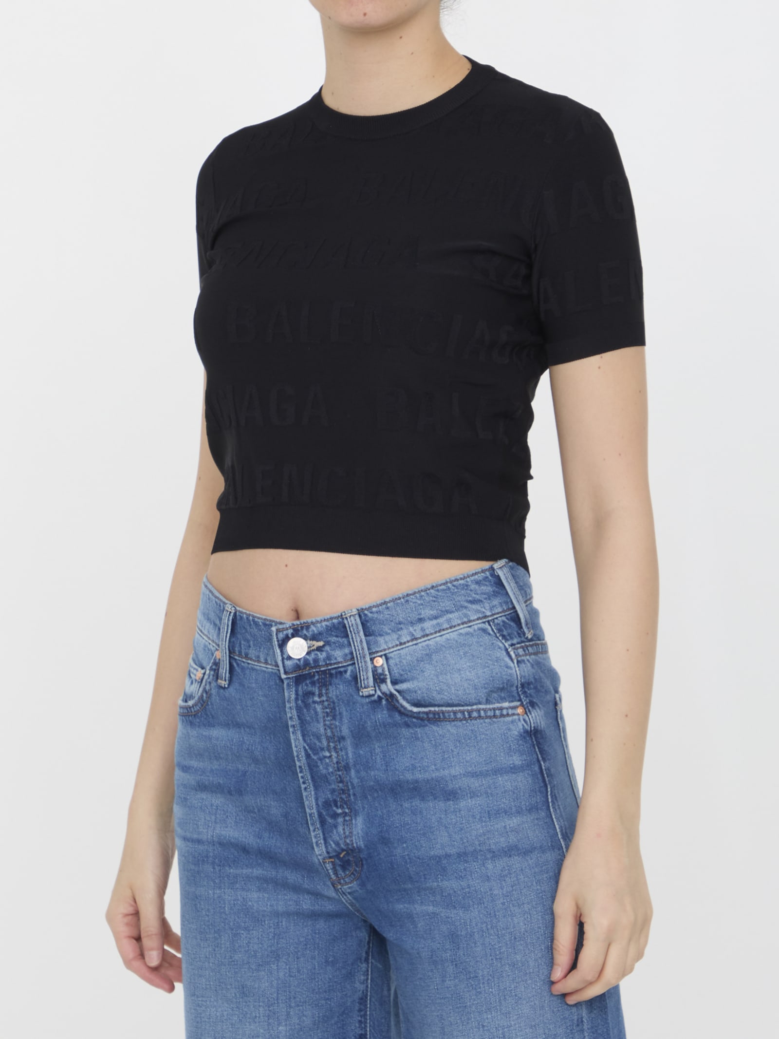 Shop Balenciaga Allover Logo Cropped Pullover In Black