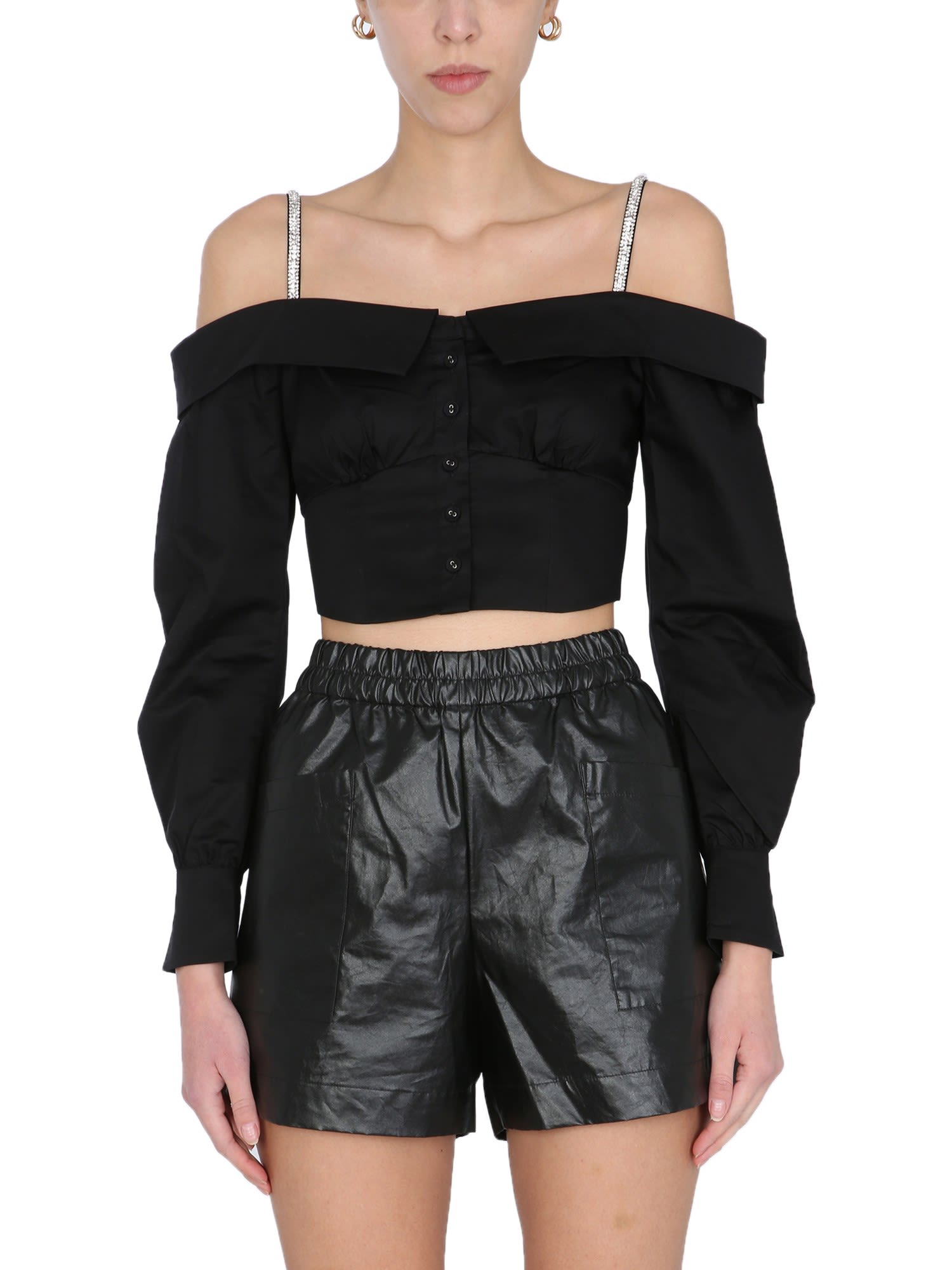 Self-portrait Cropped Top With Jewel Details In Nero