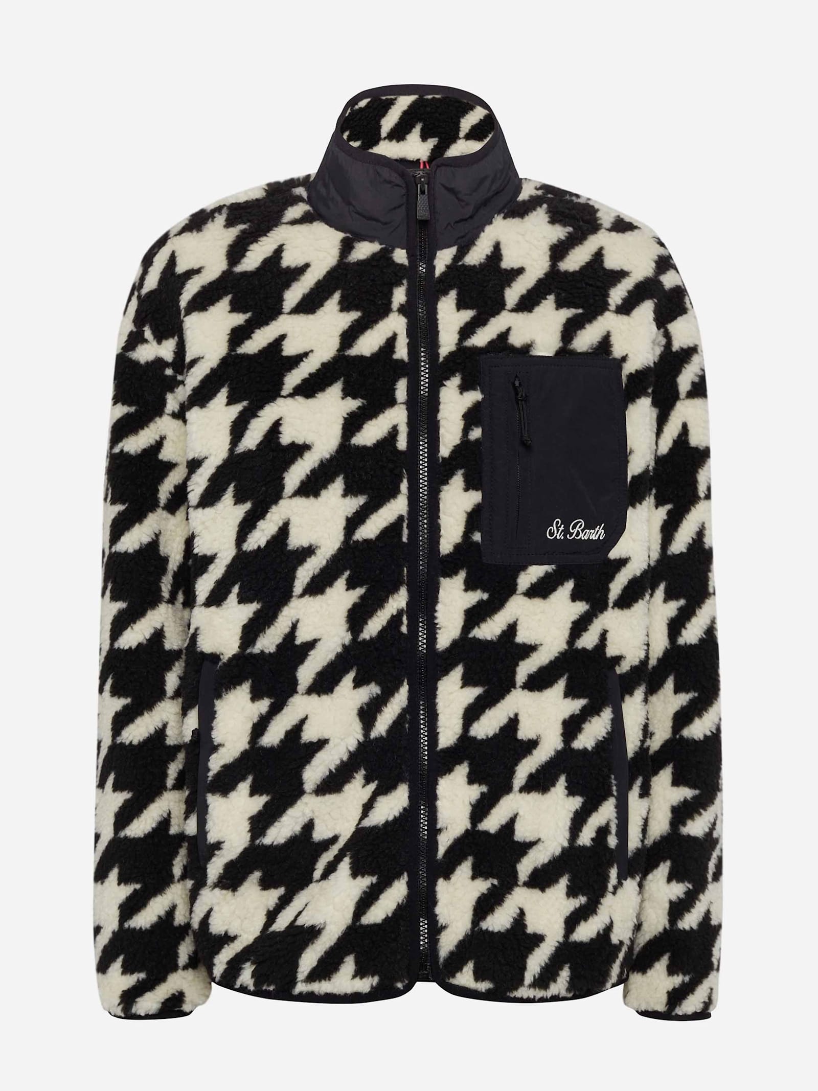 Mc2 Saint Barth Teddy-fleece Jacket Keystone With Pied De Poule Print In Black