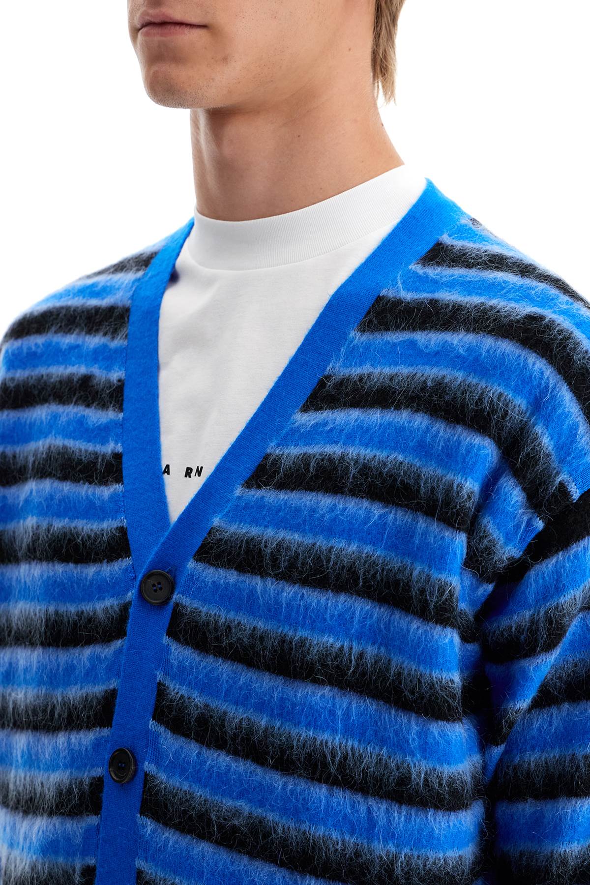 Shop Marni Striped Wool And Mohair Cardigan In Mazarine Blue (blue)