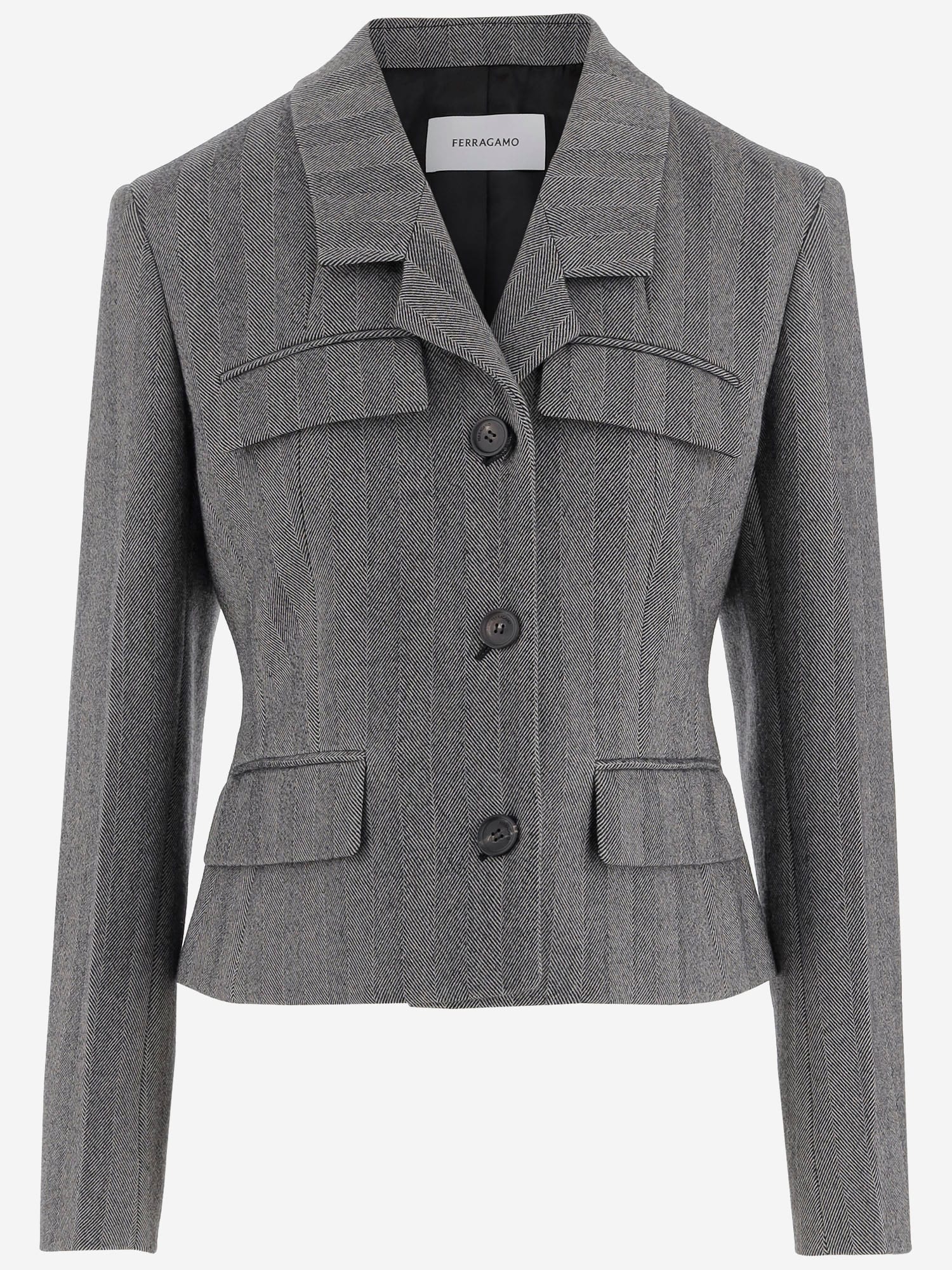 Ferragamo Herringbone-pattern Flap-pocket Blazer In Gray