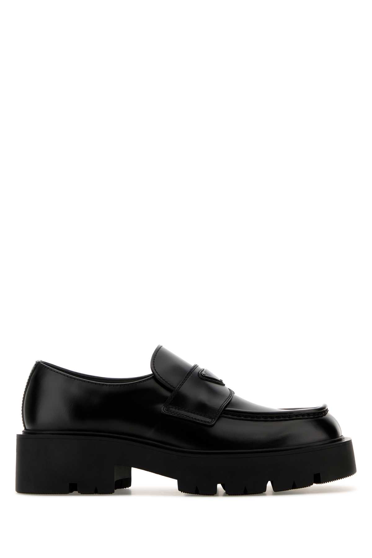 Shop Prada Black Leather Loafers In Nero