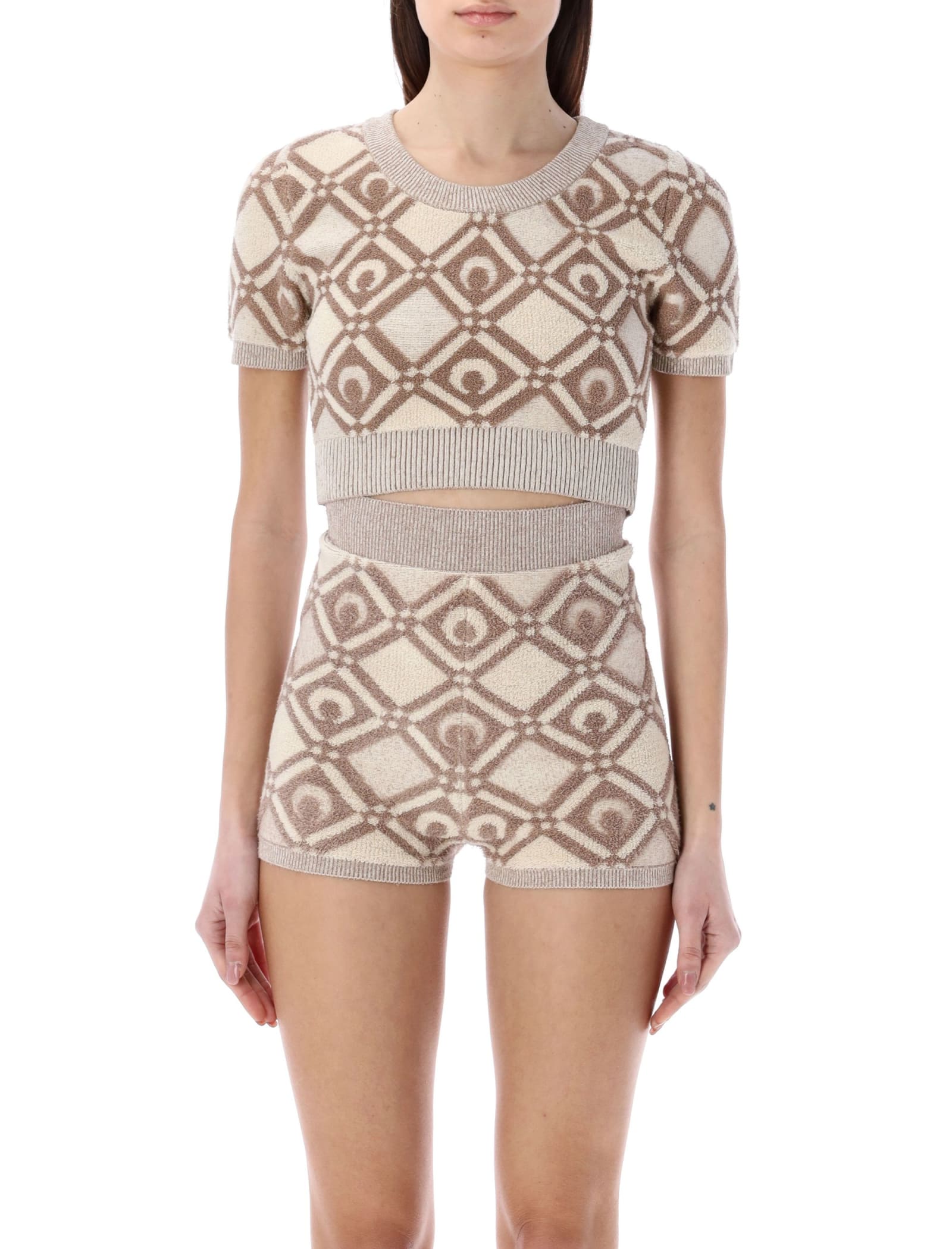 Marine Serre Moon Diamond Chunky Jacquard Crop Sweater In Beige