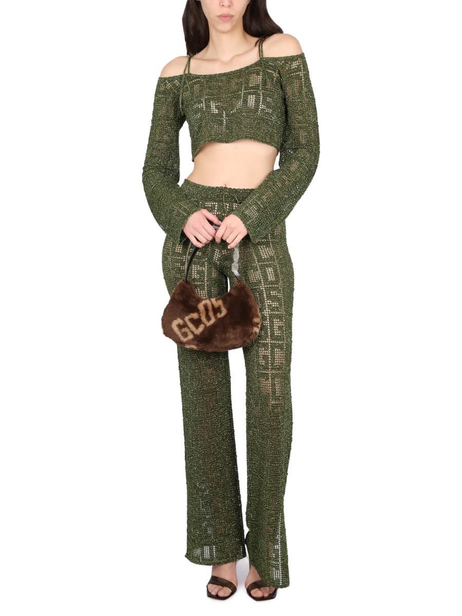 Gcds Cropped Geometric Knit Top With Long Sleeves In Military Green