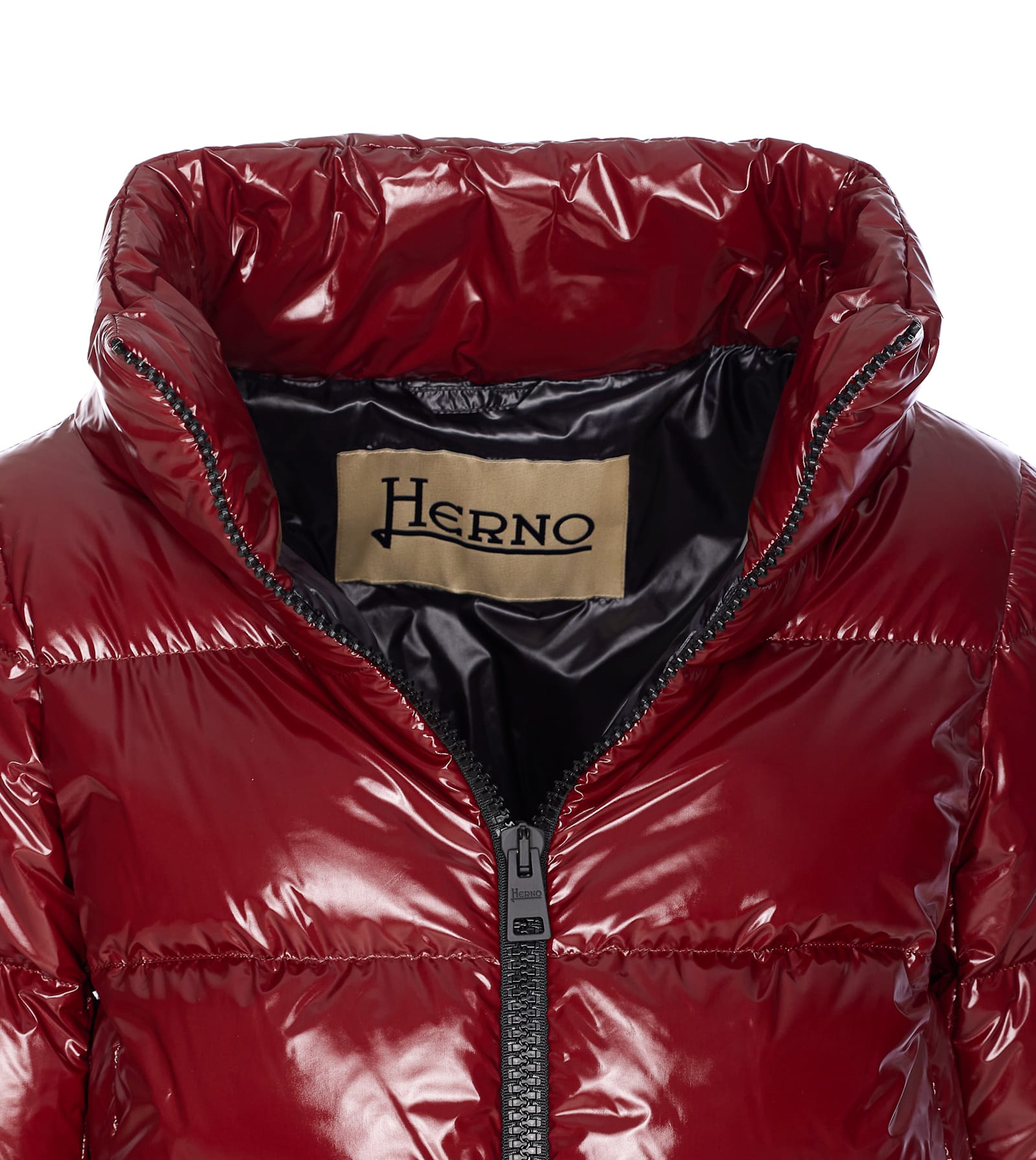 Herno Cropped Red Puffer Jacket With High Structured Collar In Burgundy