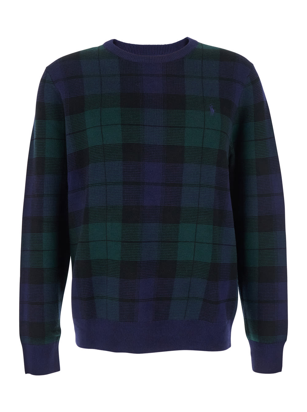 Ralph Lauren Blue Crewneck Sweater With Pony Embroidery On The Front And All-over Check Motif In Wool Man