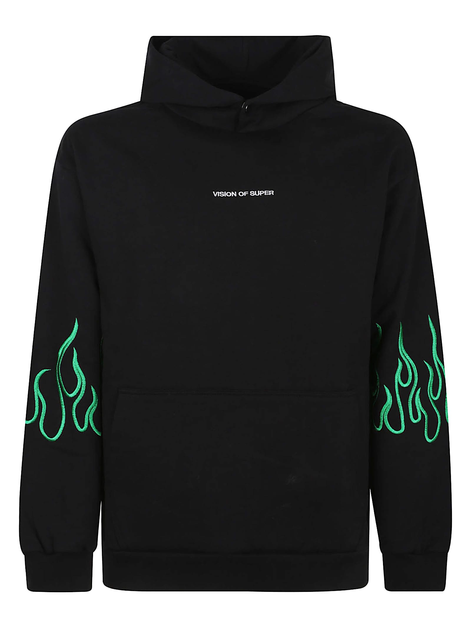 Black Hoodie With Embroidered Green Flames, White Logo And Metal Button