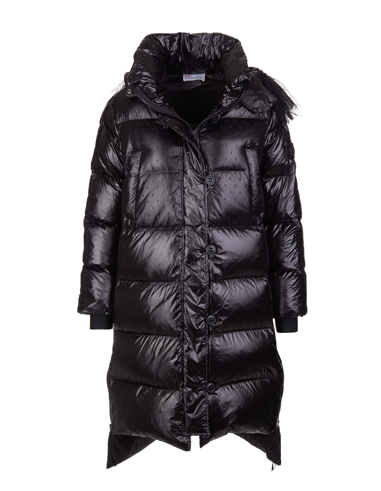 Valentino Long Glossy Black Down Jacket With Point Desprit Tulle Valentino