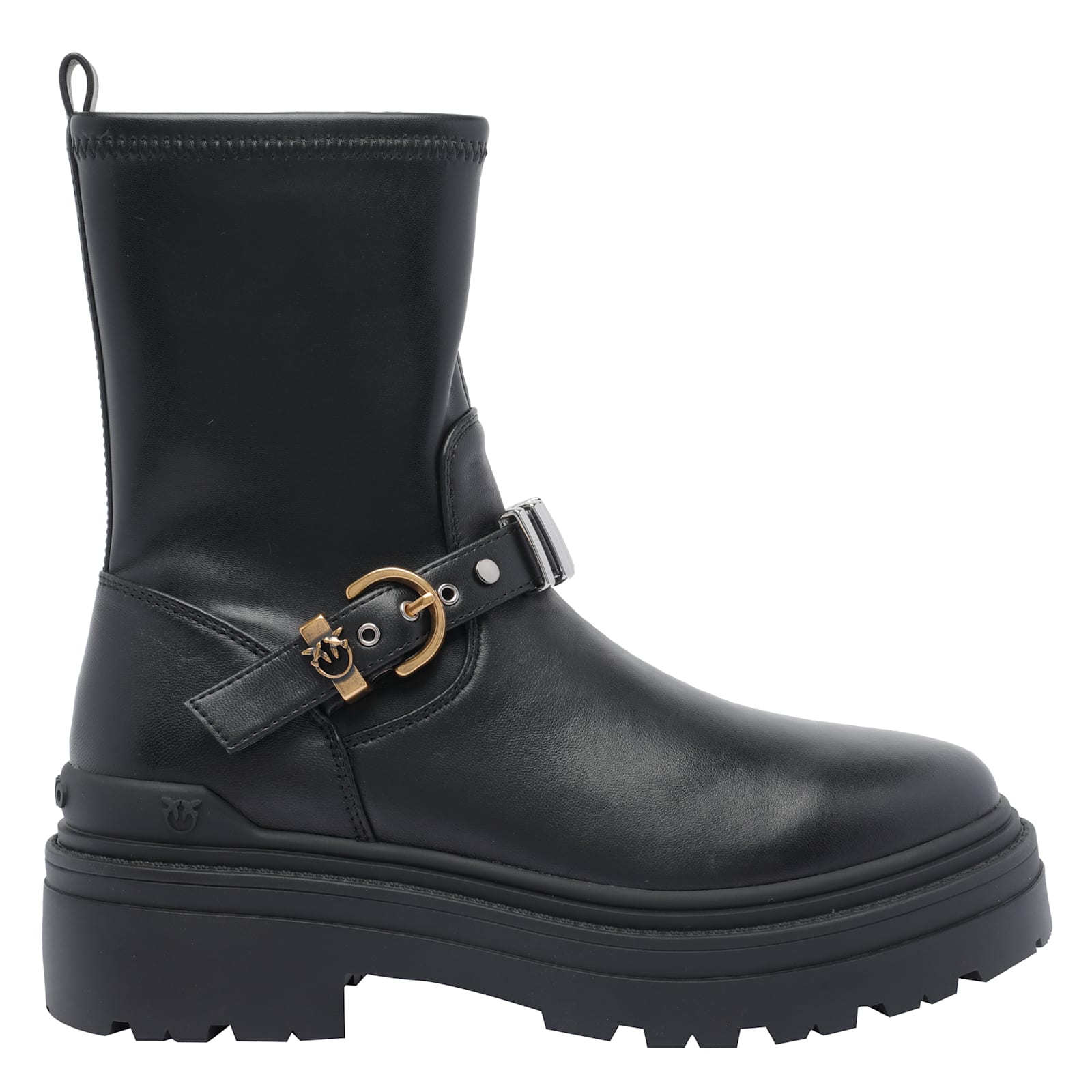 Pinko Rounded Toe Black Leather Ankle Boots With Front Strap In Black