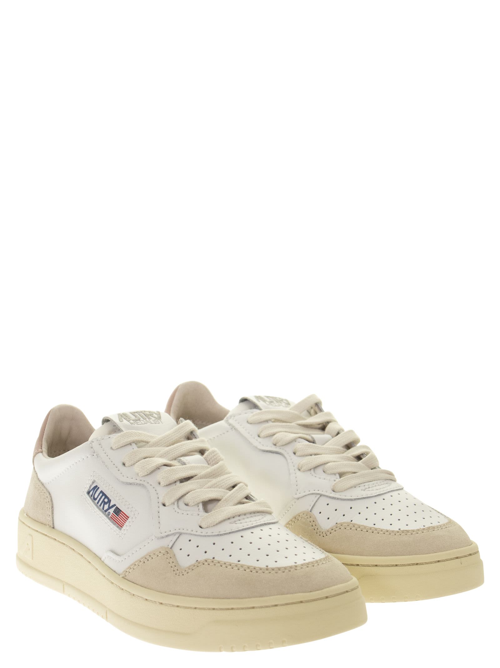 Shop Autry Medalist Low - Leather And Suede Sneakers In White/pink/beige