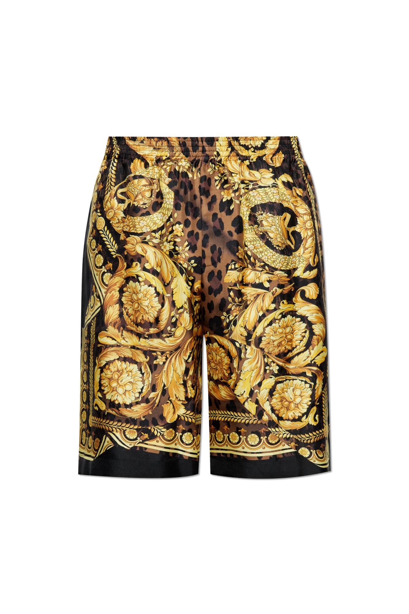 Shop Versace Silk Shorts In Golden