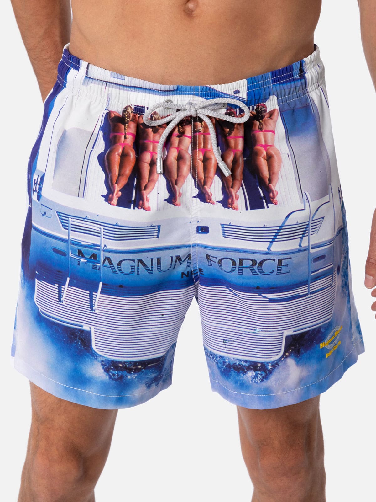Mc2 Saint Barth Man Mid-length Gustavia Swim-shorts With Marvel Characters Placed Print Magnum Marine Special Editio In White