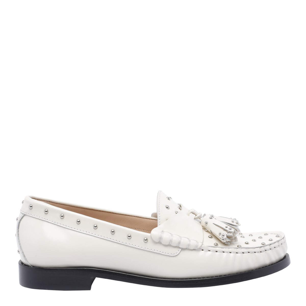 Stuart Weitzman Tassel-embellished Studded Loafers In White