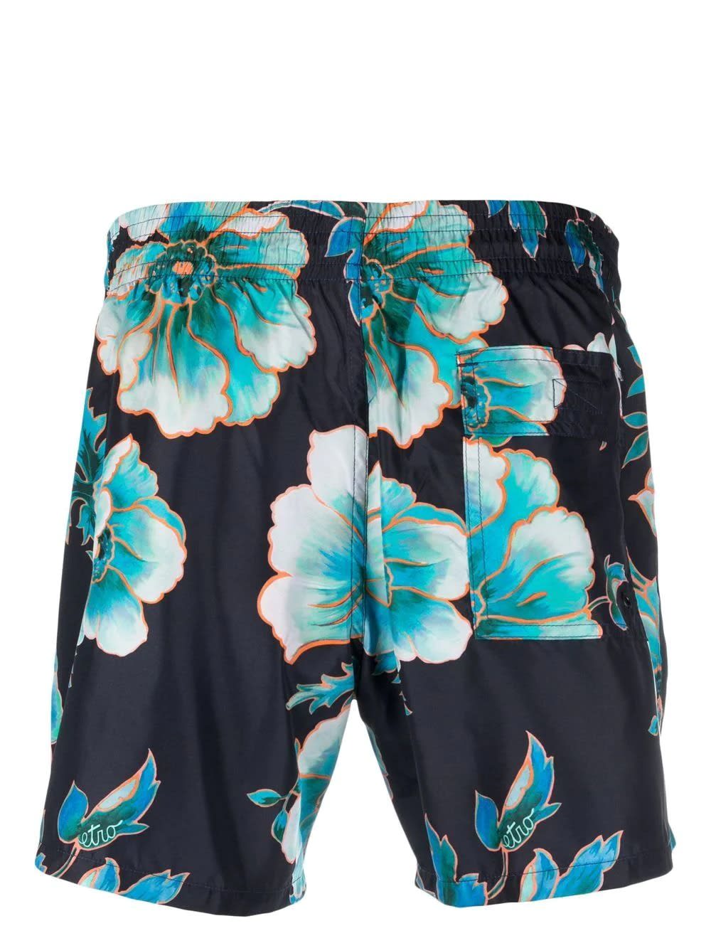 Etro Navy Blue Swim Shorts With Maxi Floral Print In Blu